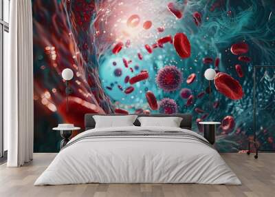  Detailed view of leukocytes attacking coronavirus particles inside a blood vessel Wall mural