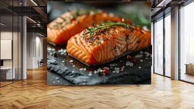 salmon steak on the bonesalmon steak on salt stone table Wall mural