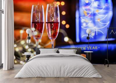 New years eve celebration background with champagne . Christmas card.Soft focus Wall mural