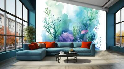 Watercolor underwater floral bouquet with corals and fish. Flat vector/png illustration isolated on white background Wall mural