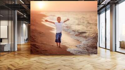 baby boy on the beach, watching the sunset, happy childhood, vacation, summer vacation Wall mural