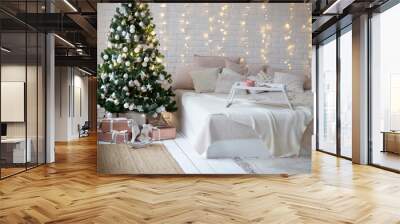 new year's interior, bed at the Christmas tree, beautiful room, Christmas decorations Wall mural