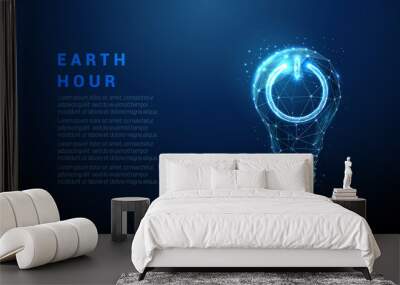 Abstract blue glowing light bulb with power button on it Wall mural