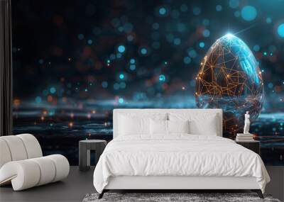 Easter Egg made from lines and glowing dots in blue and golden colors. Digital technological style.  Wall mural