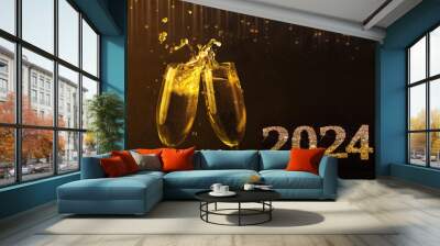 2024 Close-up of two glasses of sparkling champagne tilted towards each other against a dark bokeh background. New Year and Christmas concept. Place for text Wall mural