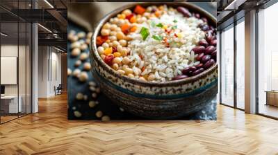 Bowl of mixed beans and rice garnished with herbs close-up view Wall mural