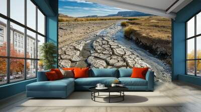 Cracked and dry riverbed, highlighting drought, climate change, arid landscape, environmental crisis, water scarcity Wall mural