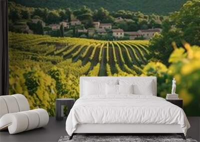 Sunset illuminates vineyards surrounding a quaint village, capturing the essence of rural viticulture and the wine community Wall mural