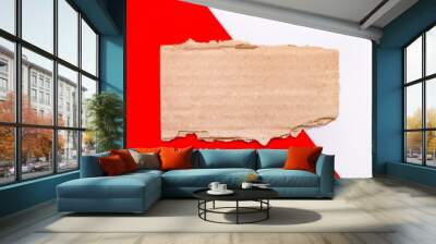 On a white and red background, brown torn cardboard with place for text or illustration. Template Wall mural