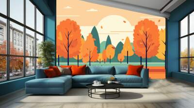 Autumn city park with orange trees and benches. Fall season with sun, clouds and bright leaves falling from trees. Landscape Vector flat banner or background illustration. Wall mural