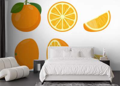 Fresh orange fruit set. Whole orange with leaves, oranges slices and cut orange fruit. Organic fruits for juice or vitamin C healthy food. Vector illustration isolated on white background. Wall mural