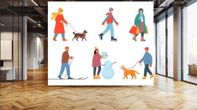 Happy people in warm clothes walk, do sport and have fun in winter cold weather. Healthy active lifestyle and winter leisure activities. Vector flat illustration isolated on white background. Wall mural