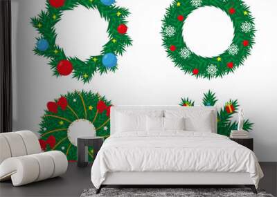 Set of decorated christmas wreath. New Year and Christmas design. Vector illustration isolated on white background. Wall mural