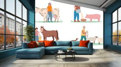 Set of farming people characters. Farmers workers caring for livestock animals cow, pig, horse and sheep. Agricultural scenes isolated on white background. Vector illustration. Wall mural