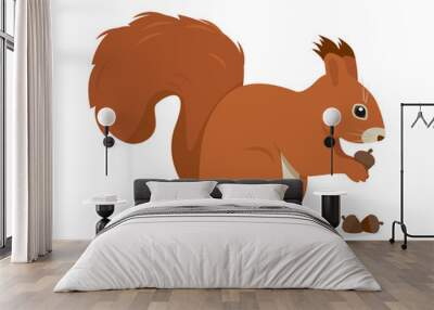 Squirrel animal with nuts or acorns. Wild mammal forest animal character. Red Squirrel with fluffy tail. Vector icon illustration isolated on white background. Wall mural