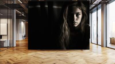 Black and white portrait stressed and depressed woman. She feel depressed lonely. Mental health concept. Wall mural