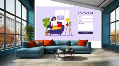 Contact us form template for web and Landing page. Freelancer girl working at home on laptop. Online customer support, help desk concept and call center. Vector illustration in flat. Wall mural