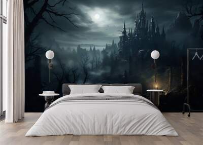 Halloween holiday concept. Spooky old gothic castle, foggy night, haunted mansion. Wall mural