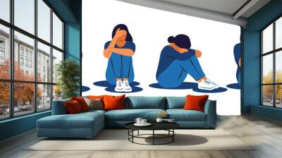 Women with mental health problems. Sad women in despair. Depression signs and symptom. Stress and loneliness. Vector illustration. Wall mural