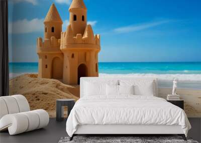 Sandcastle on a Sunny Beach with Turquoise Ocean Waves in the Background Wall mural