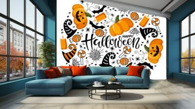 Happy Halloween background. Round Border with orange Pumpkins, witch hat, bat, spider, cobweb, candy, candle. Autumn circle background. Halloween holidays flat design for card, invitation, banner. Wall mural