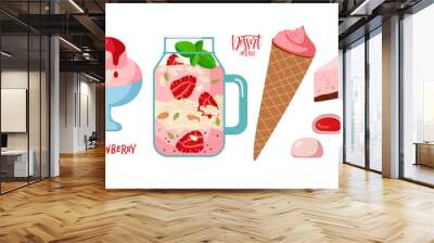 Strawberry desserts isolated on white. Various types of sweet food with strawberries. Types of ice cream and pastries. Sweet food illustration set. Delicious desserts with ripe fresh strawberry. Wall mural