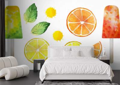 Yellow, orange, green Set. Lemon fruit slice, grapefruit slice, two mint sheets, green and orange popsicles, two juice drops. Fresh Summer watercolor illustration. Isolated on white  Wall mural