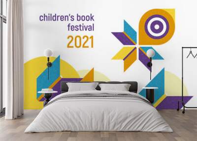 Banner for children's book festival. Open books flying with chick. Concept. Vector minimalistic background with textures. Design template for a library, school. Striving for knowless, education. Wall mural