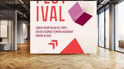 Book festival. Vertical banner or poster. Open books flying with arrows. Concept. Vector minimalist background with textures. Design template for a library, bookstore.  Striving for success. Wall mural