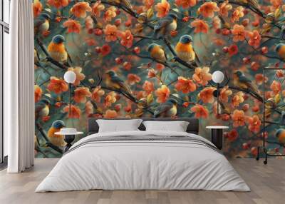 Seamless pattern. Bright colorful birds among flowering plants Wall mural