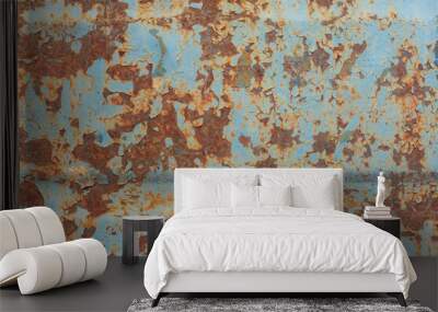 Brown and orange rust on old blue metal. Wall mural