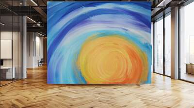 Bright yellow and blue circles, hand drawn arcs, stripes. Abstract background. Sky and Sun concept. Wall mural