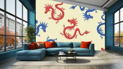 Asian dragons hand drawn vector illustration. Colorful mythology animal seamless pattern for fabric or wallpaper. Wall mural