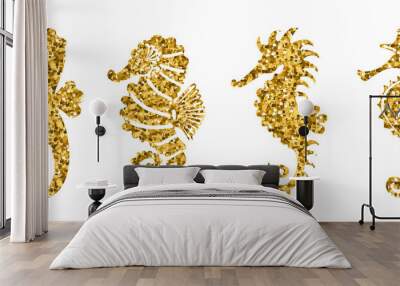 Set gold glitter cute seahorses. Beautiful spring, summer golden sequins silhouettes on white background. Icons different shapes wings and tails, for fashion, ornaments, tattoo. Vector illustration. Wall mural