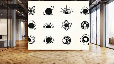 set of space icons, logos. galaxy signs with orbitz planets in round icon and radial rays of sunburs Wall mural