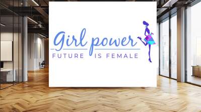 Woman's day card of colorful girl silhouette Girl Power-Future is Female, logotype with pretty girl on white background. Vector illustration for banner, logo, kids fashion, decor. Wall mural