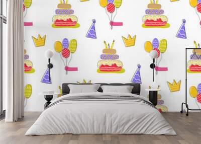 Happy Birthday pattern. Pattern with cake, crown, holiday caps and balloons vector background Wall mural