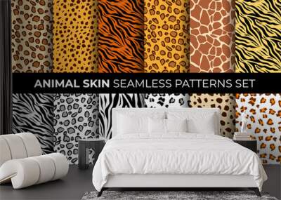 Animal seamless pattern set. Mammals Fur. Collection of print skins. Predators. Cheetah, Giraffe, Tiger, Zebra, Leopard, dalmatian, cattle, Jaguar. Printable Background. Vector illustration. Wall mural