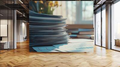 stack of financial documents on a wooden desk Wall mural