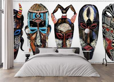 african mask hand drawn watercolor illustration set Wall mural