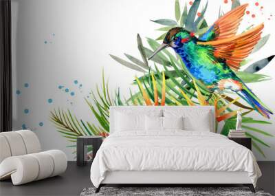 beautiful tropical nature. exotic floral paradise background. jungle plant, bird and flowers. Hummingbird. rain forest watercolor illustration. Wall mural