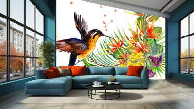 beautiful tropical nature. exotic floral paradise background. jungle plant, bird and flowers. Hummingbird. rain forest watercolor illustration. Wall mural