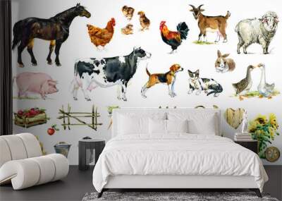 Farm animals and Birds watercolor collection. Livestock cartoon animal illustration Wall mural