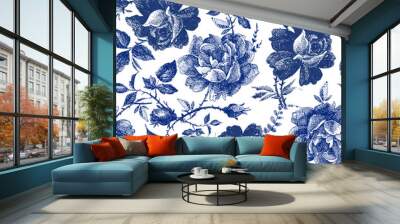 seamless design with roses flowers. Fairytale forest. hand drawn vintage botanical pattern line graphics. fashion textile design Indigo color. floral illustration Wall mural