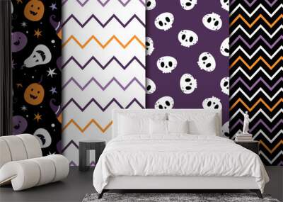 Halloween. Set of seamless patterns with pumpkins, skulls and geometric shapes. Wall mural