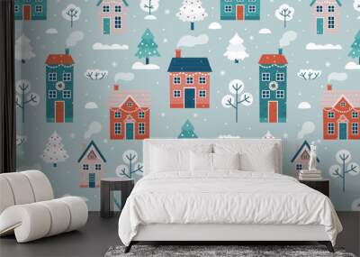 Seamless pattern with winter landscape and houses. Seamless background for Christmas and winter holidays. Wall mural