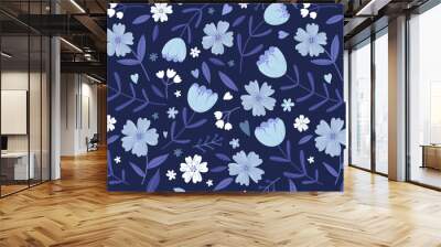 Vector floral seamless pattern in hand drawn style. Stylized flowers on a blue background. Repeating pattern for fabric or wallpaper design. Wall mural