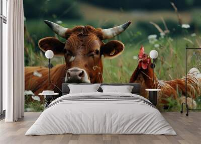 cow and chicken in the field. farm advertising concept Wall mural