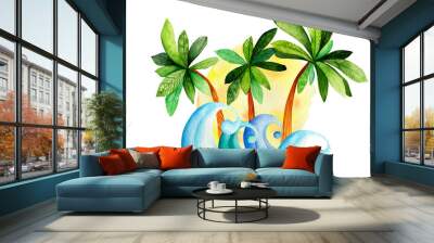 Summer watercolor logo. Hand-drawn green palms and blue waves. Surfing, sports, vacation Wall mural