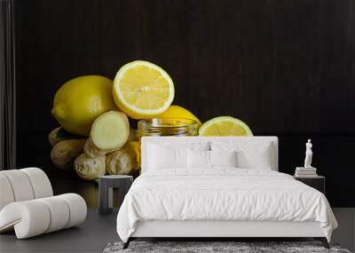 honey, lemon, ginger for boosting immunity for colds, flu, epidemic on dark wooden background with copy space, soft focus Wall mural